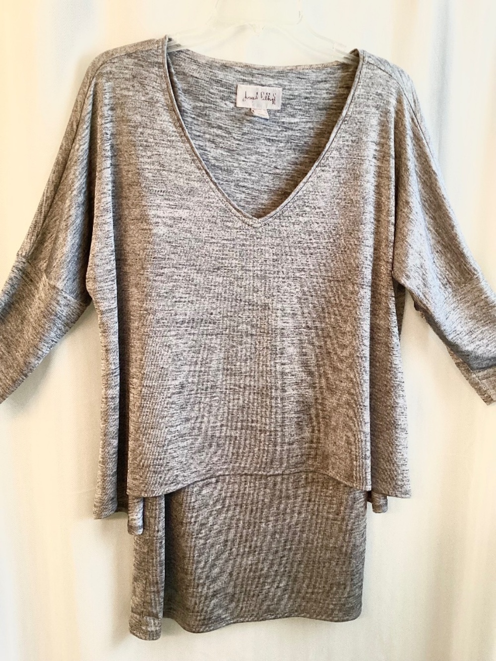 JOSEPH RIBKOFF… Heather Gray, layered tunic, and sheet sleeves, size 10